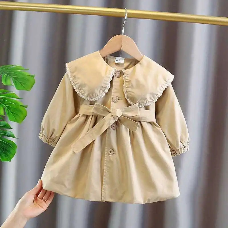 

2024 new Spring Autumn Baby Girls Sweet Lace Collar Bow Trench Coats Jackets Kids Princess Birthday Overcoat Children Clothes