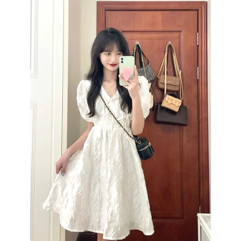 Summer Korean Cute Girls Dresses V-neck Bow Tie Literary Leisure White Dress Loose Short-sleeved Mori System Y2k Dress for Women
Summer Korean Cute Girls Dresses V-neck Bow Tie Literary Leisure White Dress Loose Short-sleeved Mori System Y2k Dress for Women