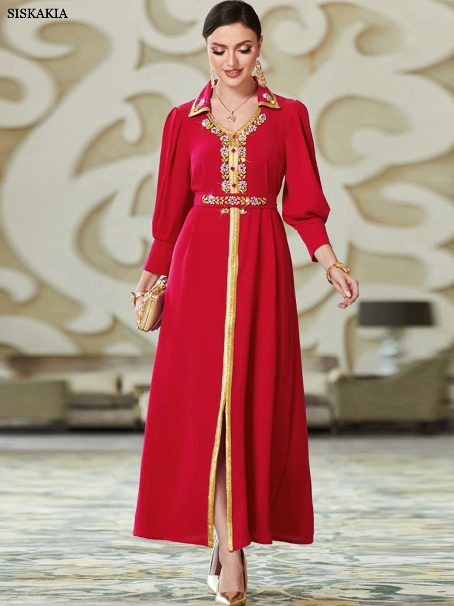 

Dubai Abaya Luxury For Muslim Women Elegant lFloral Embroidery Diamonds Lace Tape Belted Kaftan Abayat Ramadan Dress