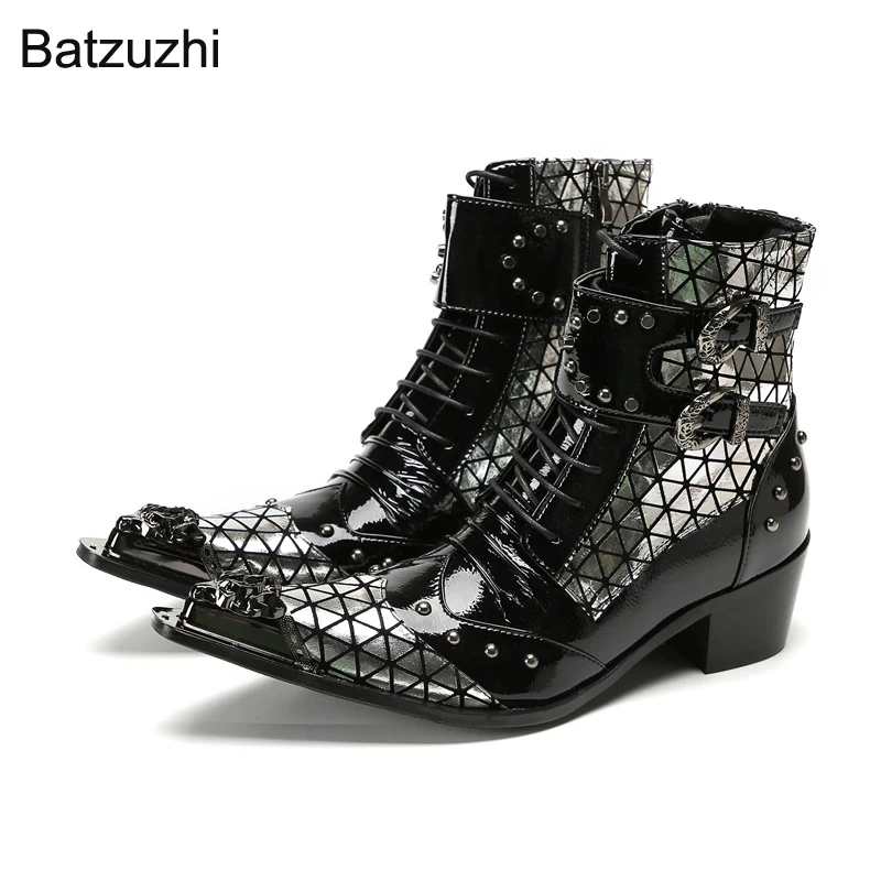 

Batzuzhi Leather Ankle Boots Men 6.5cm High Heels Iron Toe Buckles Zip Black Red Punk Motorcycle Short Boots for Man, Big Sizes