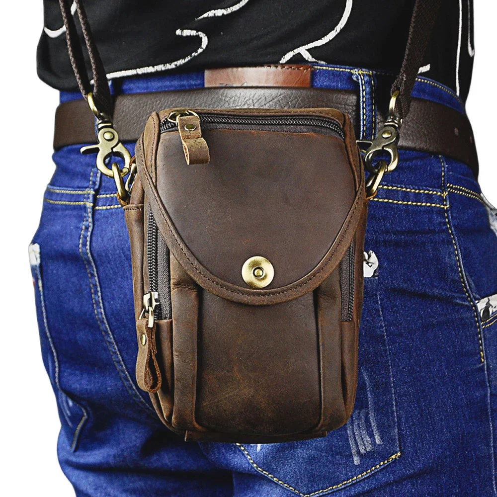 

Men Waist Fanny Pack Shoulder Cross body Bags Genuine Leather Male Crazy Horse Cowhide Small Messenger Hook Hip Belt Bum Bag