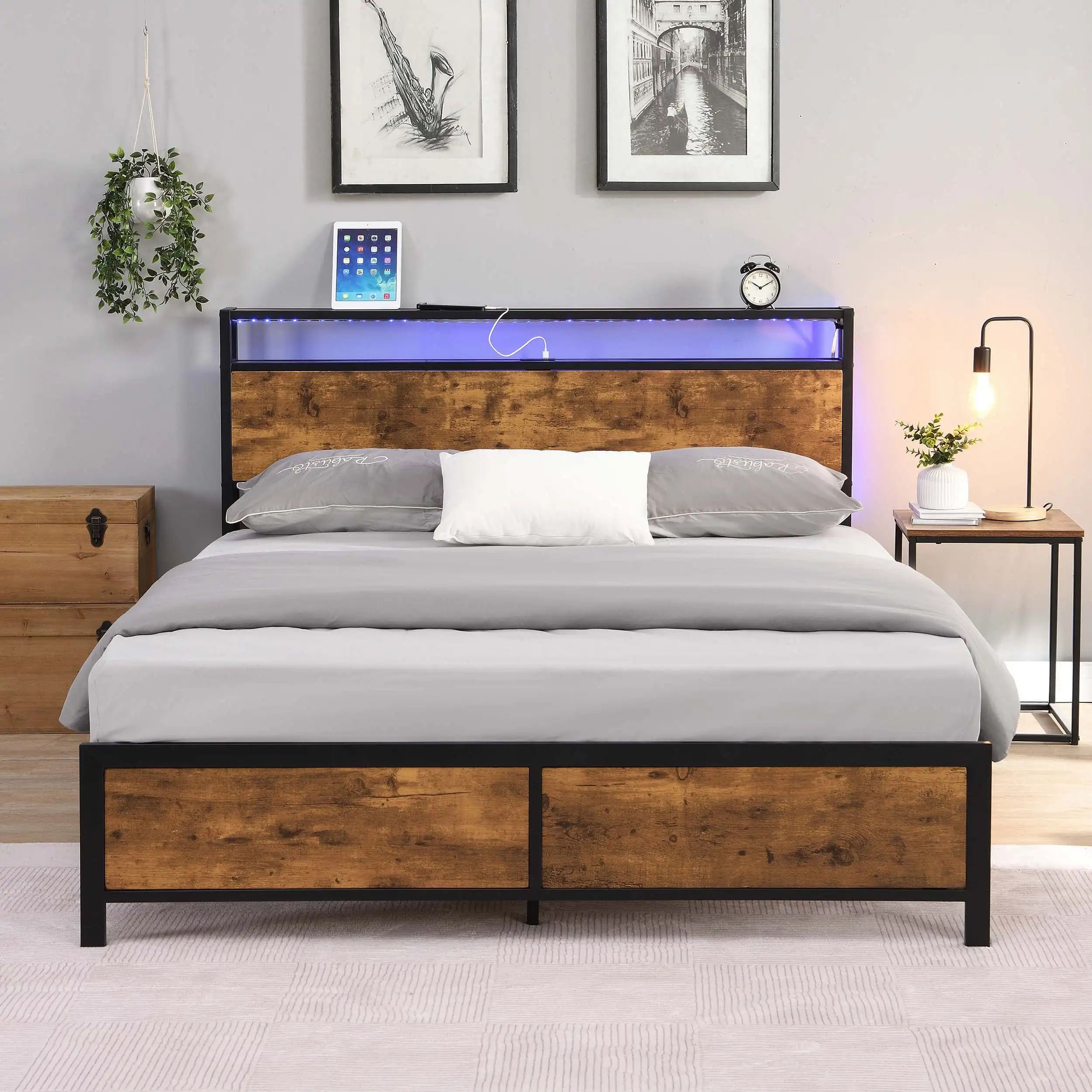 Queen/Full Size Platform Bed Frame with 2 USB Ports & LED Lights,Storage Shelf Industrial Wooden Headboard,Vintage Brown
Queen/Full Size Platform Bed Frame with 2 USB Ports & LED Lights,Storage Shelf Industrial Wooden Headboard,Vintage Brown