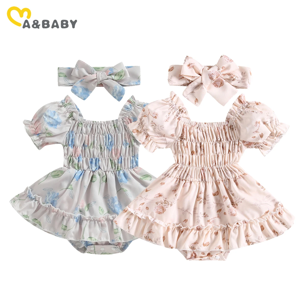 

ma&Baby 0-24M Baby Girl Romper Newborn Infant Toddler Floral Print Ruffle Jumpsuit Playsuit Sunsuit Headband Outfits