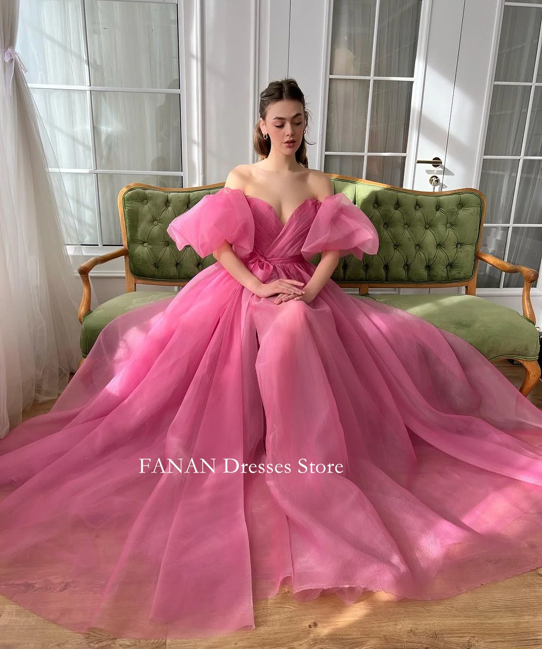 

FANAN Off Shoulder Evening Party Dresses Korea Organza Puff Sleeves A-Line Pink Wedding Women Formal Gowns Event Prom Gowns