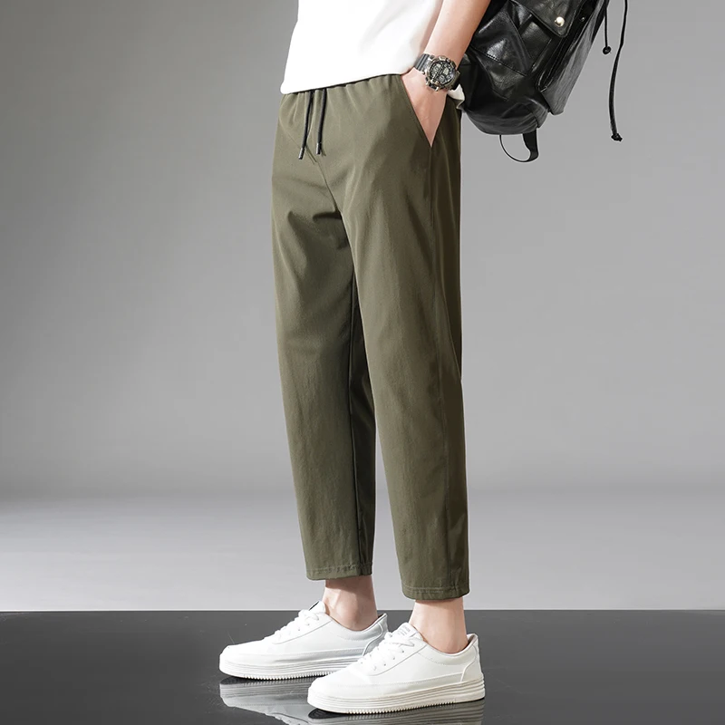 

Basic Solid Color Cropped Pants Men's Clothing Elastic Stylish Drawstring Summer Thin Sports Pockets Spliced Korean Casual Pants