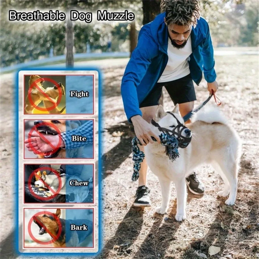 Adjustable Dog Muzzle | Breathable Comfortable for Small to Large Dogs A man in a blue jacket walking a white dog wearing a black basket muzzle in a park. On the left, a sidebar shows four "prohibited" icons with red circles and slashes over images of dogs fighting, biting, chewing, and barking. The header reads "Breathable Dog Muzzle."