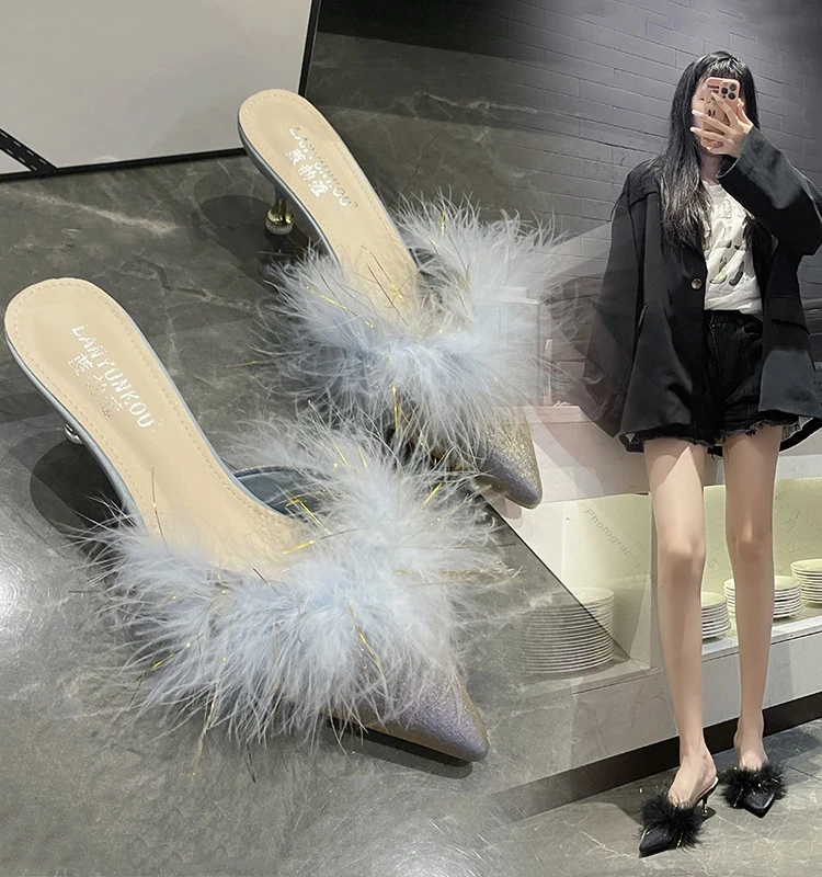 Fur Shoes Slippers Casual Thin Heels Slides Med Pointed Toe Heeled Mules Shallow Plush Luxury High Sweet Sexy Silk PU Shallow Sh
Fur Shoes Slippers Casual Thin Heels Slides Med Pointed Toe Heeled Mules Shallow Plush Luxury High Sweet Sexy Silk PU Shallow Sh