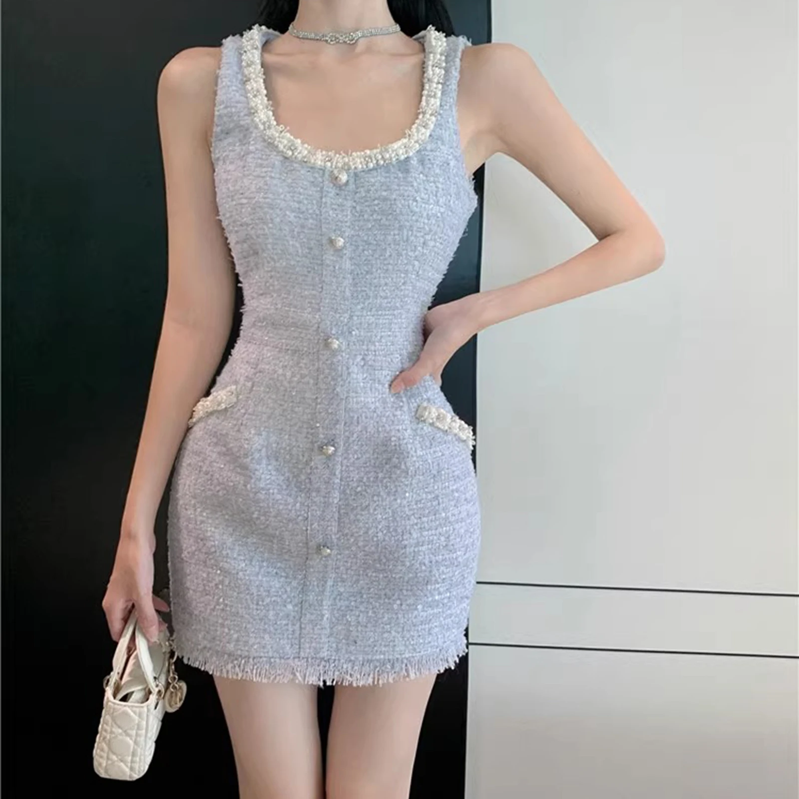 

Summer Small Fragrance Tweed Tassel Dress for Women Sleeveless Beading Elegant Slim Fitting Waist up Bag Hip Mini Dresses Trendy