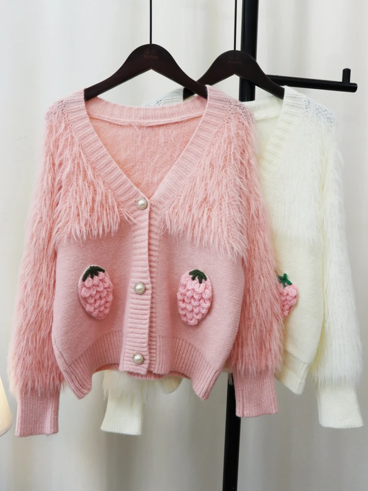 

Synthetic Mink Cashmere Autumn Winter Strawberry Sweater Women Sweet Style V-Neck Button Up Cropped Fuzzy Knitted Cardigan femme