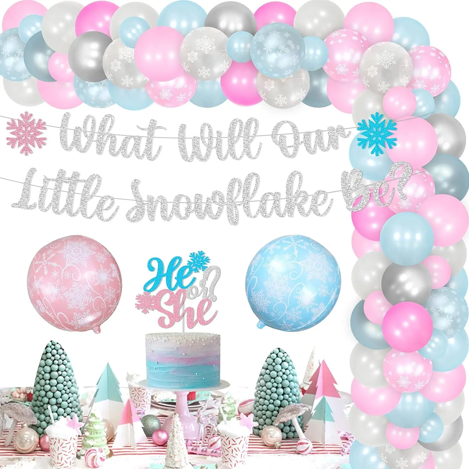 

Snowflake Gender Reveal Decoration Winter Wonderland Balloon Garland Kit Banner He or She Cake Topper for Baby Shower Pregnancy