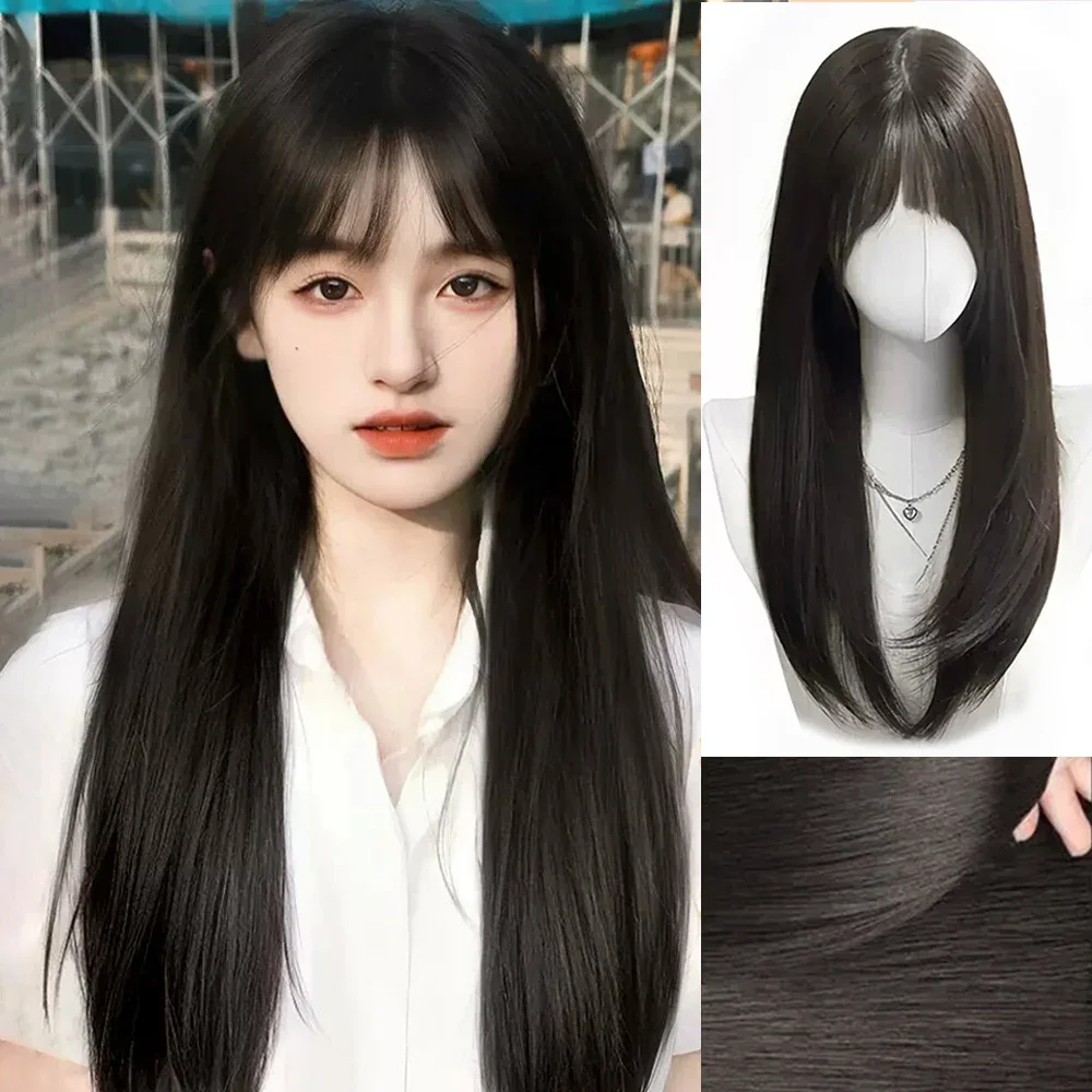 

Synthetic Long Straight Wigs with Bangs Black Cosplay Party Lolita Hair Wigs for Women Natural Heat Resistant Wig