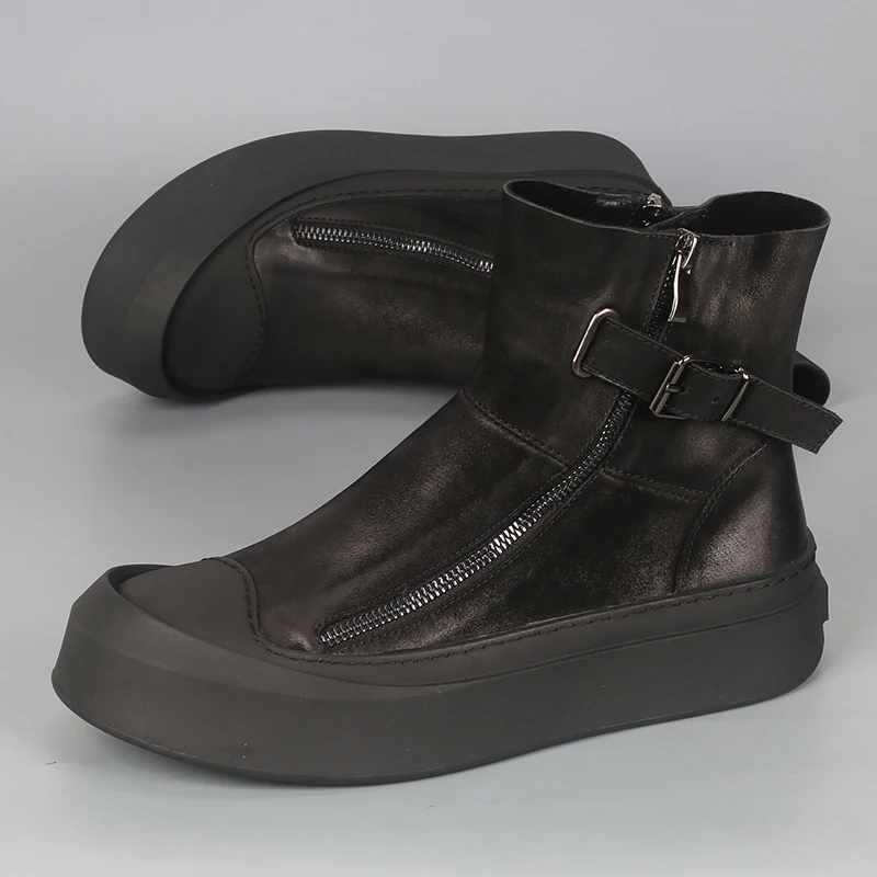

New Black Cowhide Men's Boots Are Fashionable And Versatile With Thick Soles And Elevated Motorcycle Leather For Comfort