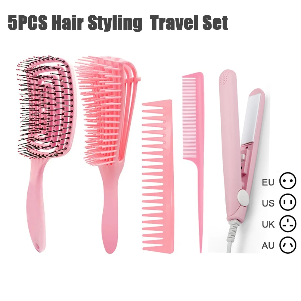 

5PCS Travel Hairdressing Set Portable Mini Hair Straightener Curling Iron For All Hair Types With Detangling Scalp Massage Brush