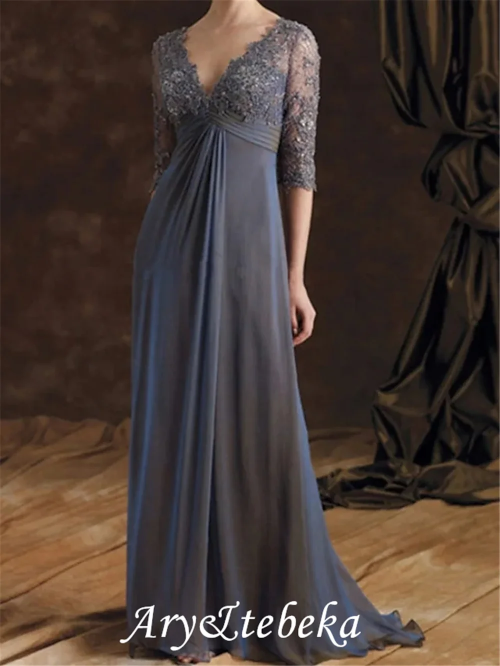 Mother of the Bride Dress Elegant V Neck Floor Length Chiffon Lace 3/4 Length Sleeve with Embroidery Ruching Wedding Guest Dress 
Mother of the Bride Dress Elegant V Neck Floor Length Chiffon Lace 3/4 Length Sleeve with Embroidery Ruching Wedding Guest Dress