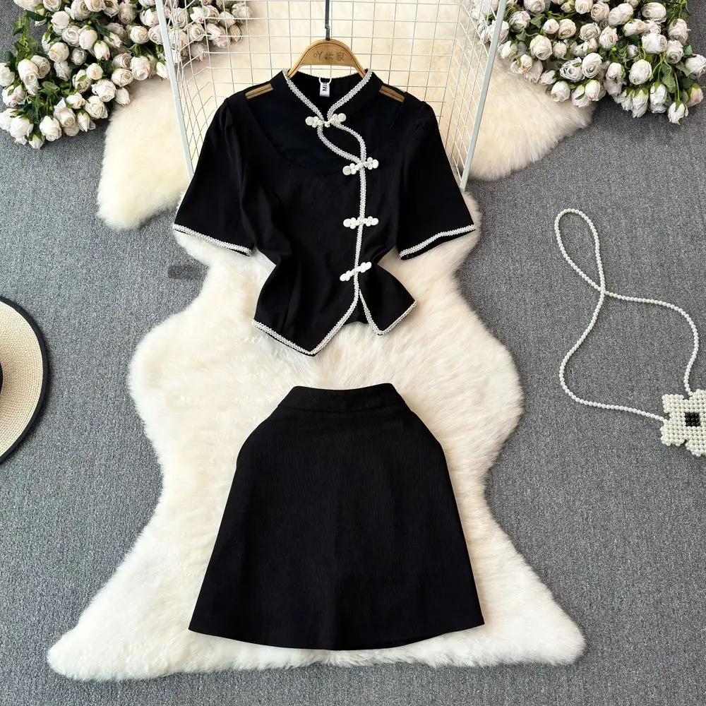 Women retro plate buckle short-sleeved cheongsam blouse half-body skirt two-piece suit summer 2024 new
Women retro plate buckle short-sleeved cheongsam blouse half-body skirt two-piece suit summer 2024 new