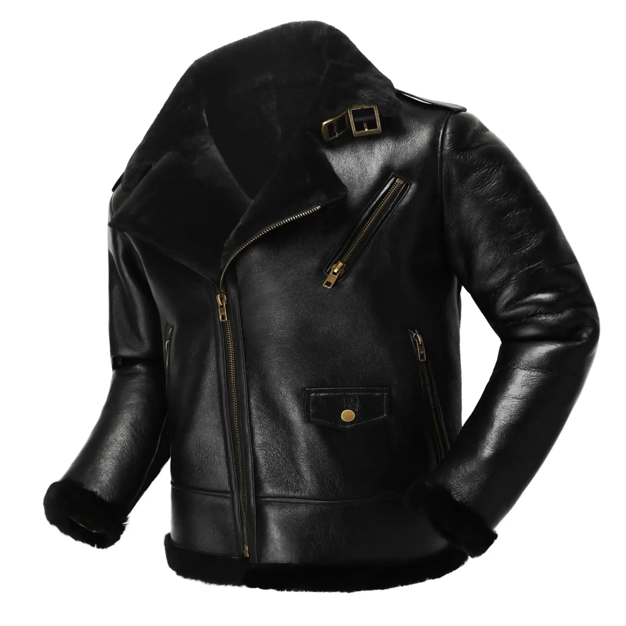 

100% Natural Sheepskin Leather Jacket Men Winter Thickened Warm Fashion Bomber Black Slim Lapel
