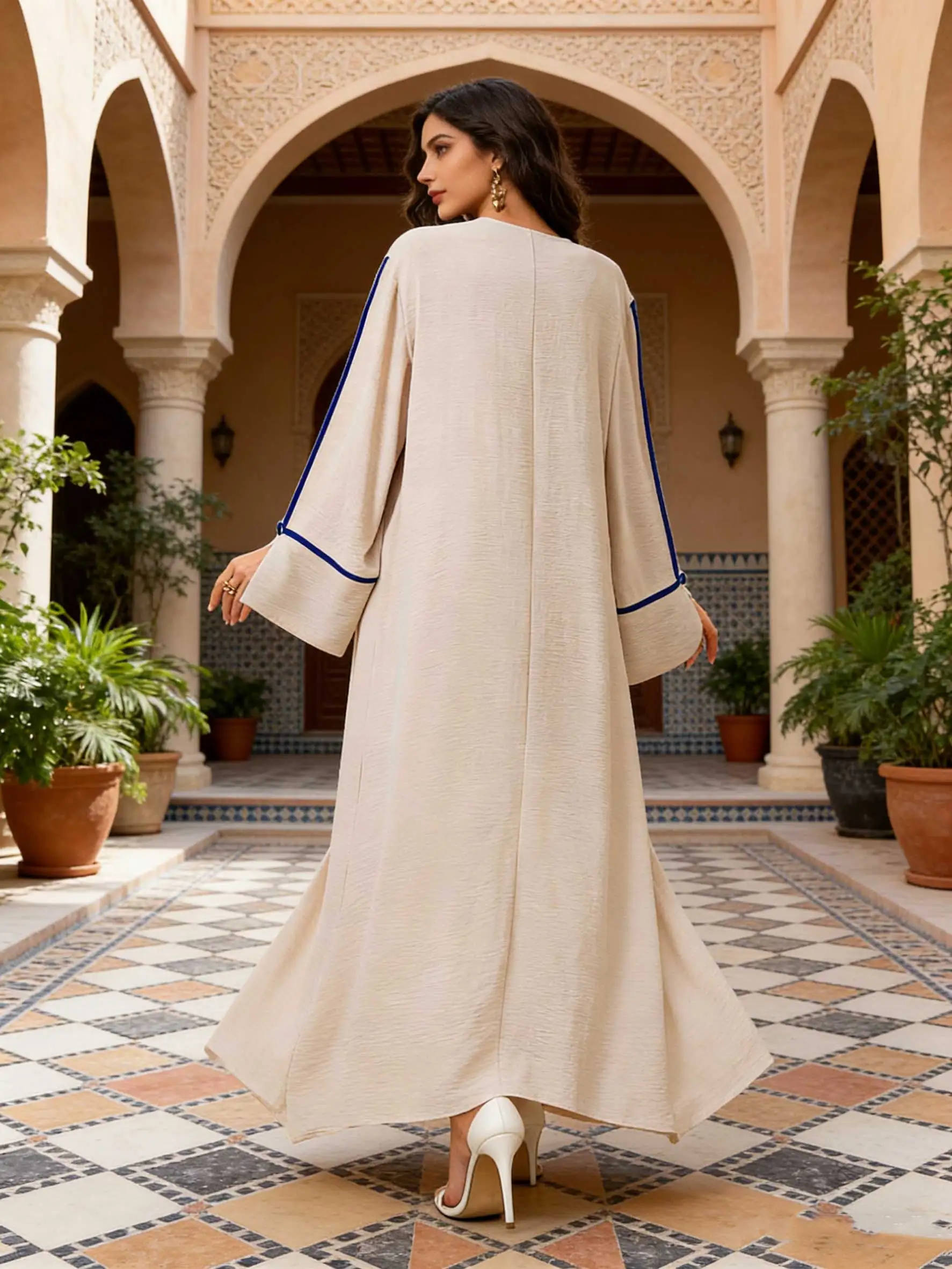 عباية بيج مع تطريز أزرق وأكمام جرس متباينة للنساء قفطان مغربي إسلامي جلابية دبي العربية عباية بيج مع تطريز أزرق وأكمام جرس متباينة للنساء قفطان مغربي إسلامي جلابية دبي العربية