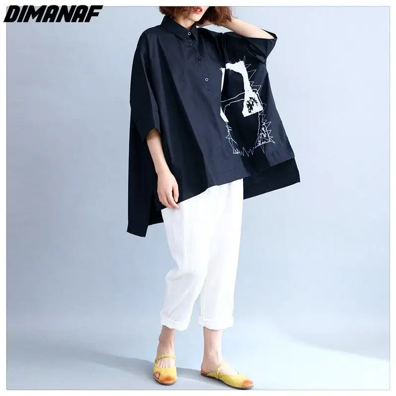 

DIMANAF Summer Plus Size Women Clothing Casual Lady Shirts Blouse Black Oversize Print Tops Tunic Cotton Loose Button T-shirt