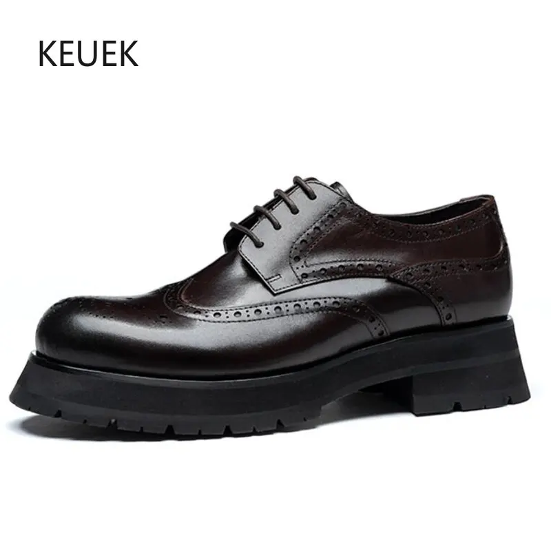 

New Design Thick Sole Brogue Shoes Men Genuine Leather Work Business Casual Derby Oxfords Male Outdoor Dress Moccasins 5C