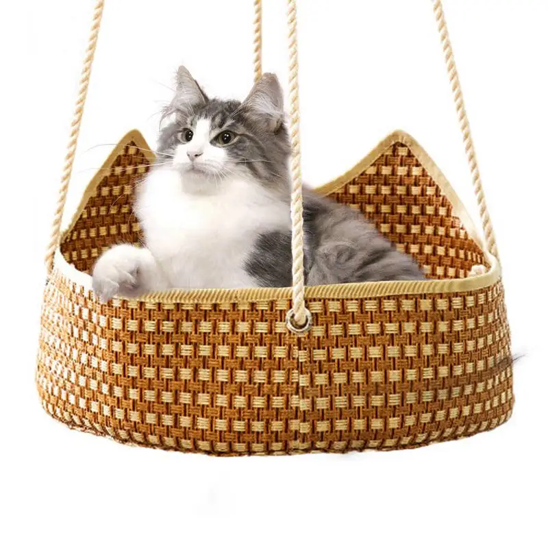 

New Hanging Cat Hammock Bed Cat Swing Bed Hand-Woven Imitation Rattan Breathable kitten Nest Basket indoor pet supplies