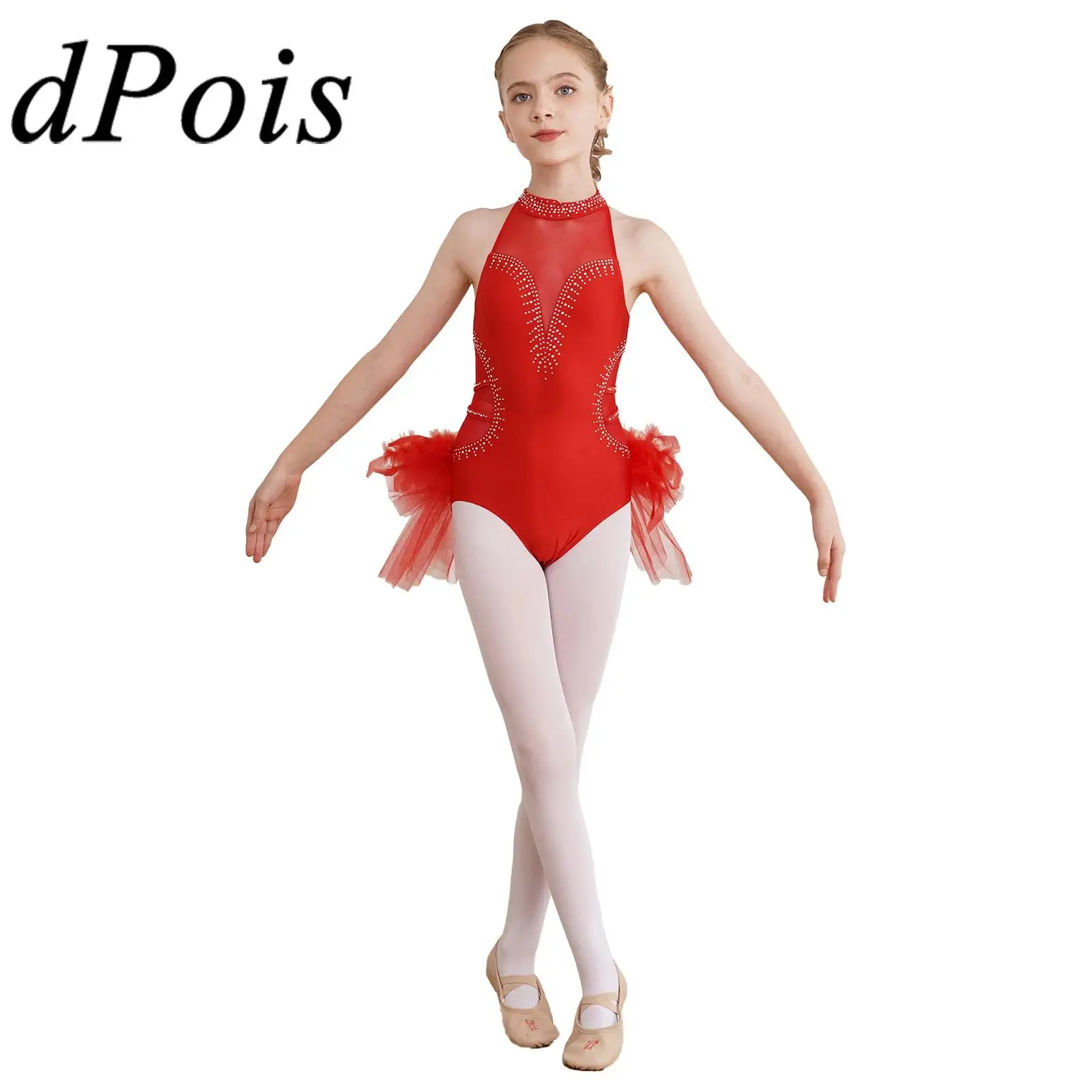 

Kids Girls Rhythmic Gymnastics Leotard Ballet Tutu Dance Jumpsuit Tulle Skirted Sleeveless Skating Bodysuit Performance Costume
