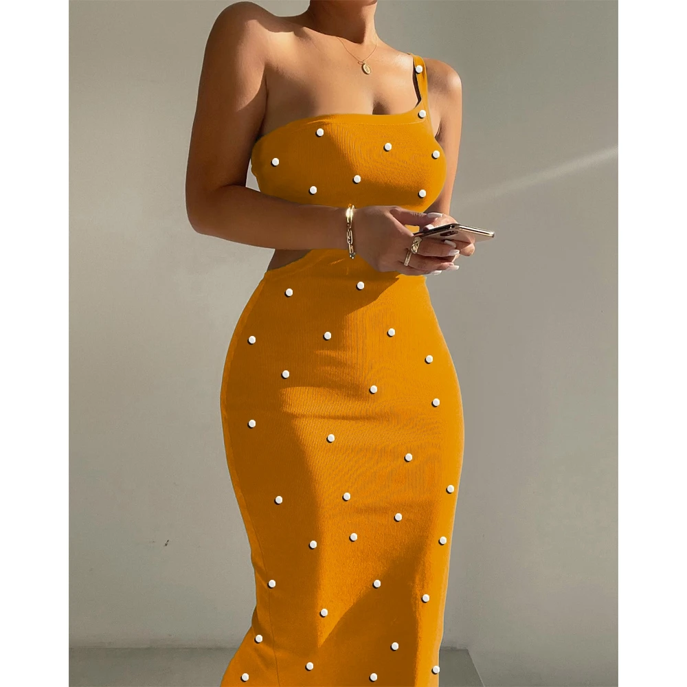 

Женское летнее платье с вышивкой из бисера, желтое облегающее платье макси на одно плечо с вырезом, элегантное платье в рубчик, женская одежда, 2024