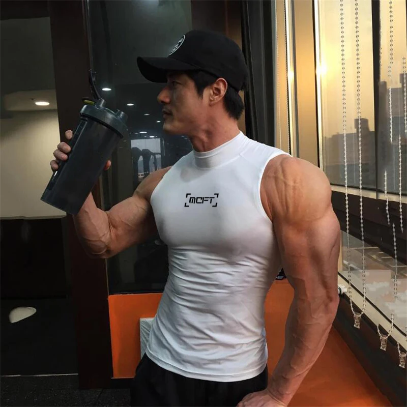 

Summer Compression Elasticity Quick Dry High Collar Sport Tank Tops Gym Bodybuilding Fitness Sleeveless Men Workout Muscle Shirt