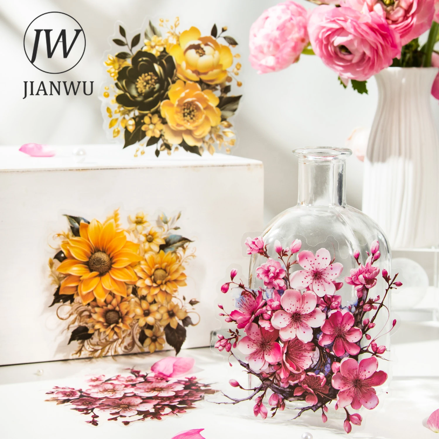 

JIANWU 10 Sheets Flower Hunting Collection Series Vintage Material Decor PET Sticker Creative DIY Journal Collage Stationery