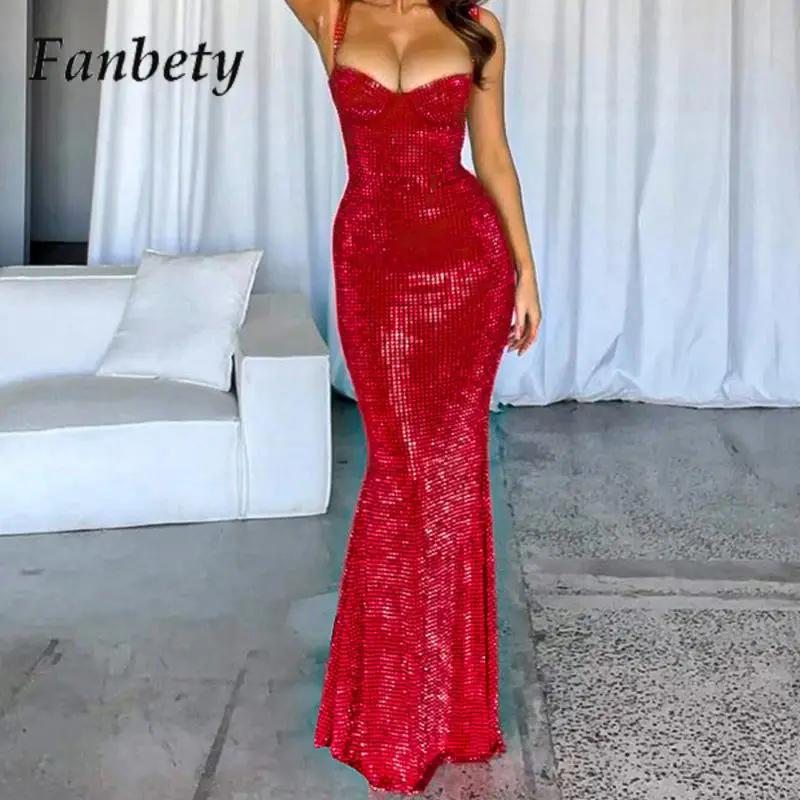 

Fashion Ironing Shiny Party Dress Women's Suspenders Off-Shoulder Waist Fishtail Evening Dress Sexy Hip-Wrapped Long Dress 2024