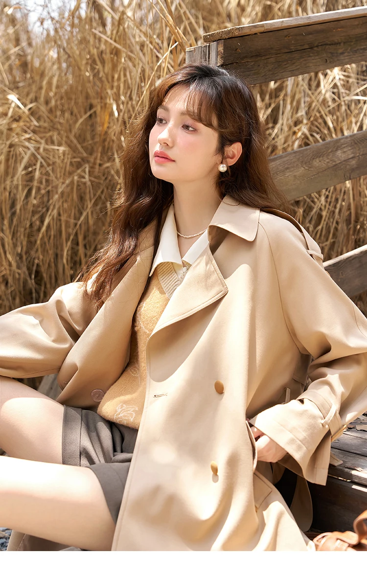 MISHOW Women's Trench 2024 Autumn Vintage Contrast Turn-down Collar Loose Female with Belt Double Breasted Solid Coat MXC44W0040 MISHOW Women's Trench 2024 Autumn Vintage Contrast Turn-down Collar Loose Female with Belt Double Breasted Solid Coat MXC44W0040