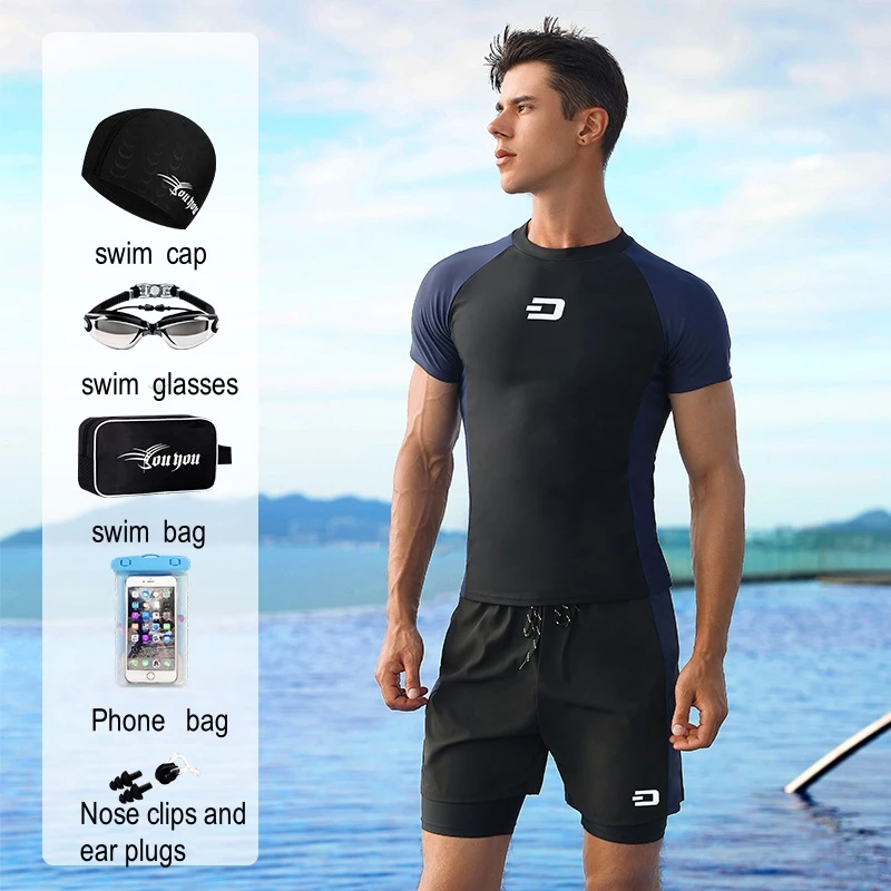 

Men Professional Water Sports Competitive Swim Shirts+Trunks Glasses Cap Quick-Drying Beach Surfing Bathing Shorts Goggles Hat