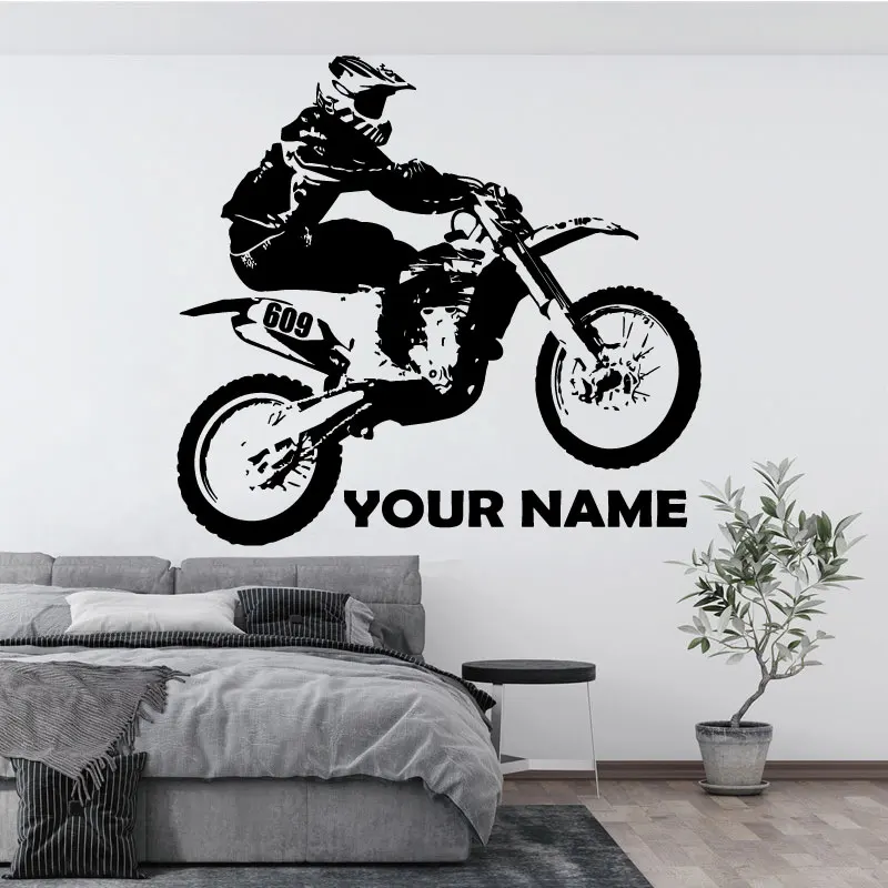 

Gifts for kids customizable name off-road motorcycle vinyl wall sticker mountain bike extreme sports boys room decoration decal