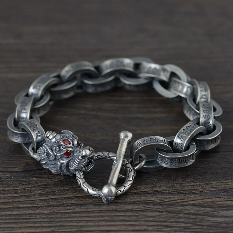 

New 100% Ture Solid S925 Silver Antique Bracelet for Man Six-Word Mantra Unicorn Christmas Gifts