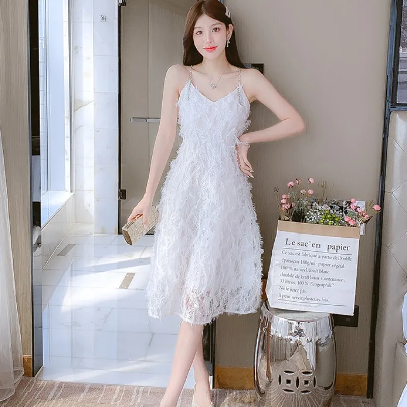 

2023 New Summer Style Camisole Dress Advanced Sense Tea Break French Lace Crochet Hollow-out Sweet Insert Lady Free Shipping