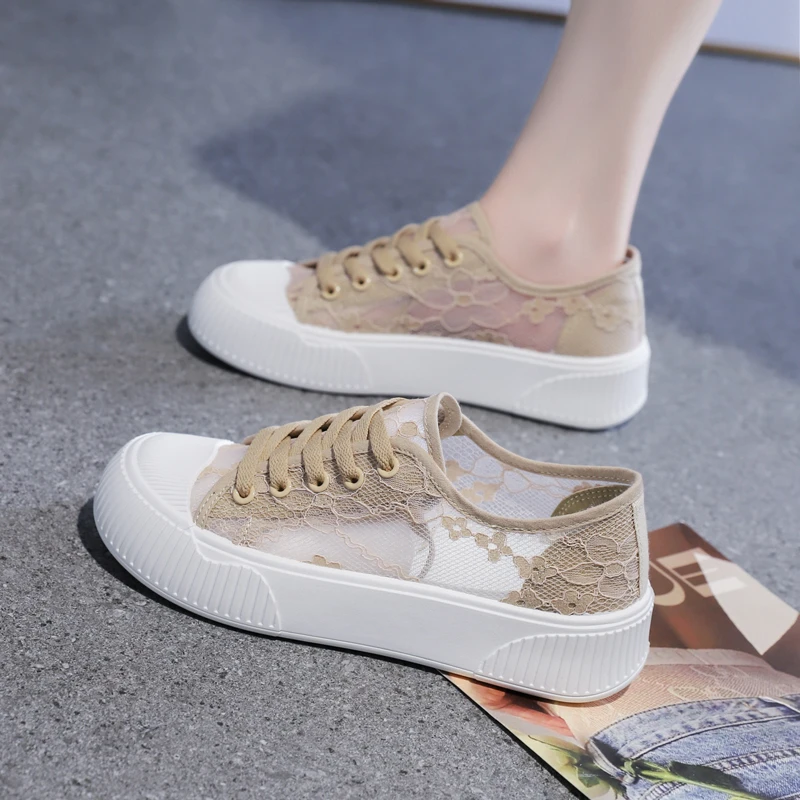 

New Women Lace Casual Shoes Woman Breathable Mesh Sneakers Flats Platform Floral Loafers Comfort Shallow Walking Shoes 35-40