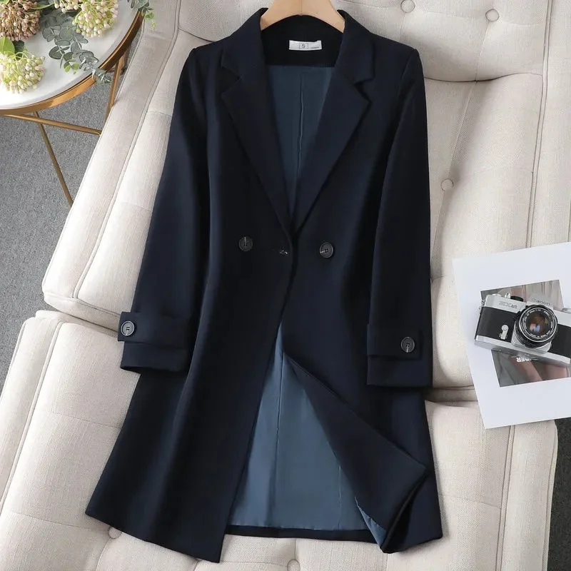 

Women Office Lady Double Breasted Blazer Vintage Long Coat Fashion Notched Collar Long Sleeve Ladies Outerwear Stylish Tops