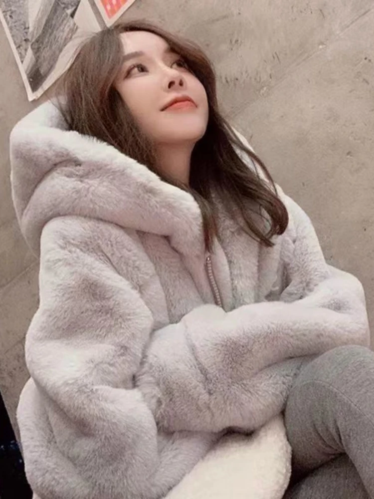 

Women Winter Coat Soft Comfortable Hood Faux Fur Coat Korean Fashion Imitation Rabbit Hair Faux Fur Coat Thickened Plush Coat