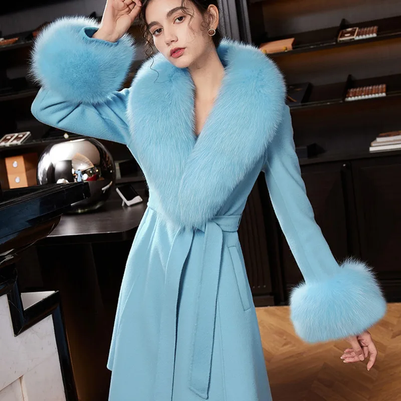 

Fox Fur Collar Cashmere Coat For Woman Medium Long With Big Fox Fur Collar And Cuffs Luxury Pure Wool Coat Lady Cashmere Coat