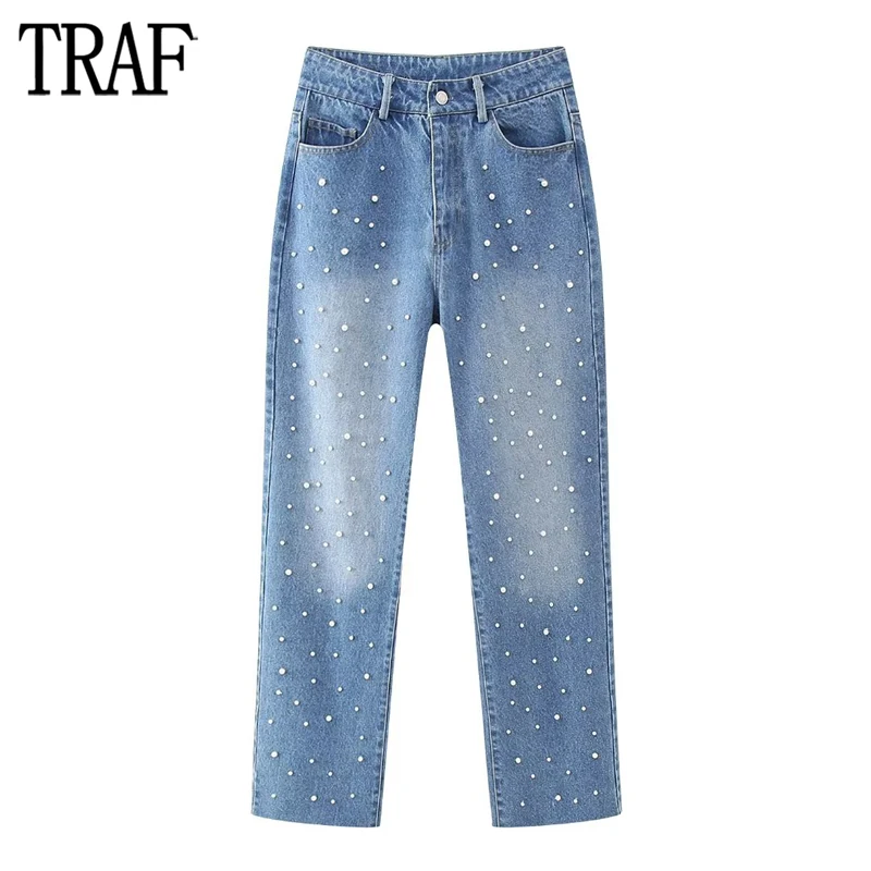 

TRAF High Waist Jeans for Women Blue Pearl Bead Jeans Women 2023 Faded Straight Leg Denim Trousers Women Streetwear Women Jeans