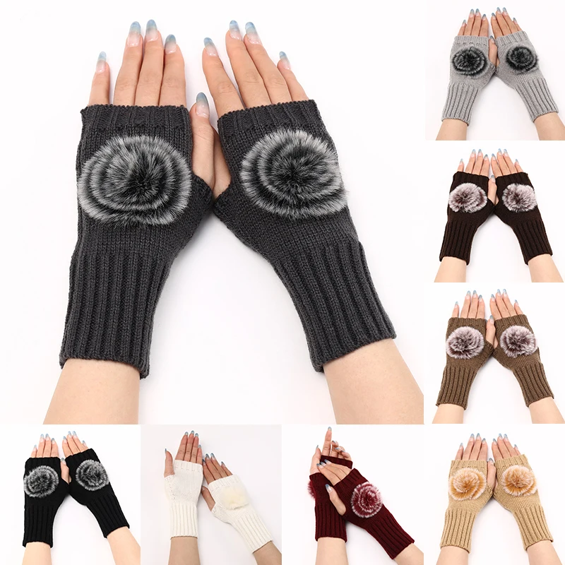 

Fashion Winter Women Gloves Punk style Hand Warmer knitted Mittens Pompon Decor Arm Sleeve Crochet Punk Gothic Fingerless Gloves