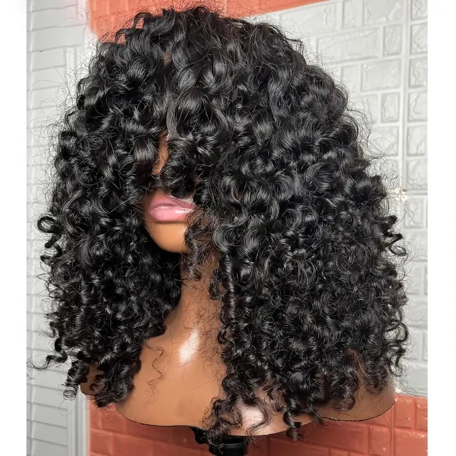 

26Inch Long Black 180Density Soft Glueless Kinky Curly Machine Wig with Bangs For Women BabyHair Preplucked Heat Resistant Daily