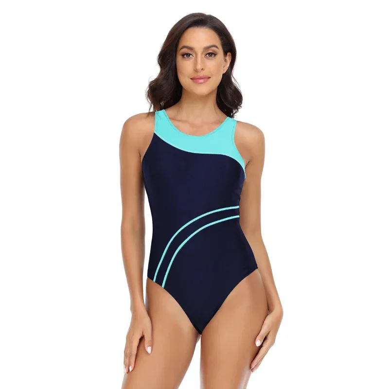 

Solid Color Splicing Bodysuit 2024 New Women One-Piece Bikini Competitive Sports Swimsuits Bathing Suit Backless Beachwear Y01