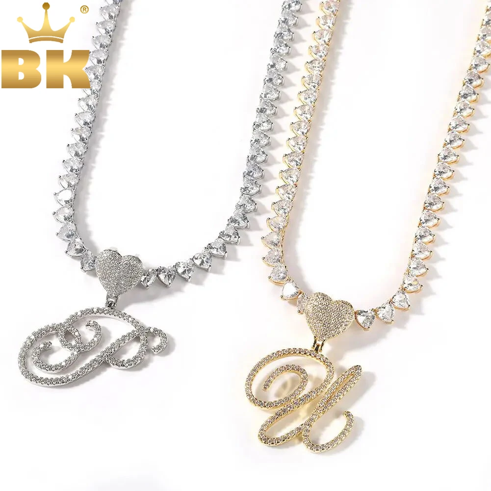 

TBTK Cursive Initial Letter A-Z Heart Clasp With 7mm Vintage Heart Tennis Chain Iced Out CZ Charm Necklace Hiphop Jewelry