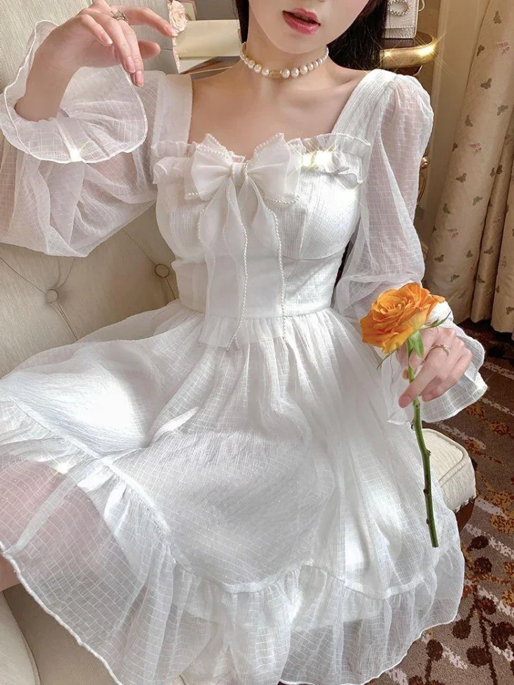 

Deeptown Korean Style White Lolita Dress Women Prom Gown Y2k Fairycore Ruffles Bow Long Flare Sleeve Tunic Midi Princess Dresses