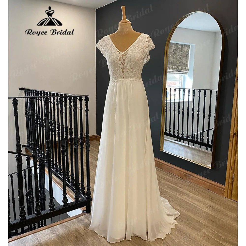 Summer Chic Lace Bodice Chiffon Boho Beach Cap Sleeve Wedding Dress with V Neck 2024 Bridal Gown abito da sposa Civil Elegant
Summer Chic Lace Bodice Chiffon Boho Beach Cap Sleeve Wedding Dress with V Neck 2024 Bridal Gown abito da sposa Civil Elegant