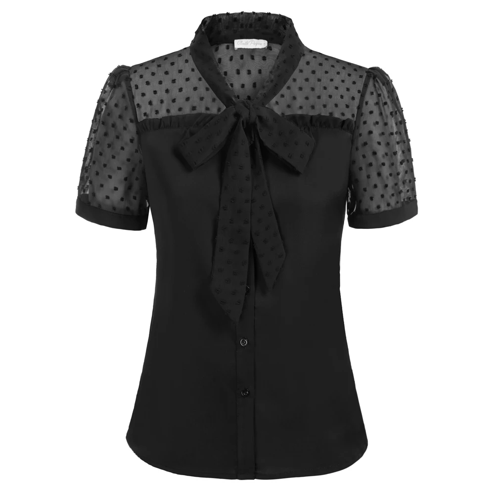 

BP Women Vintage Swiss Dot Patchwork Shirt Short Sleeve Button-up Tops