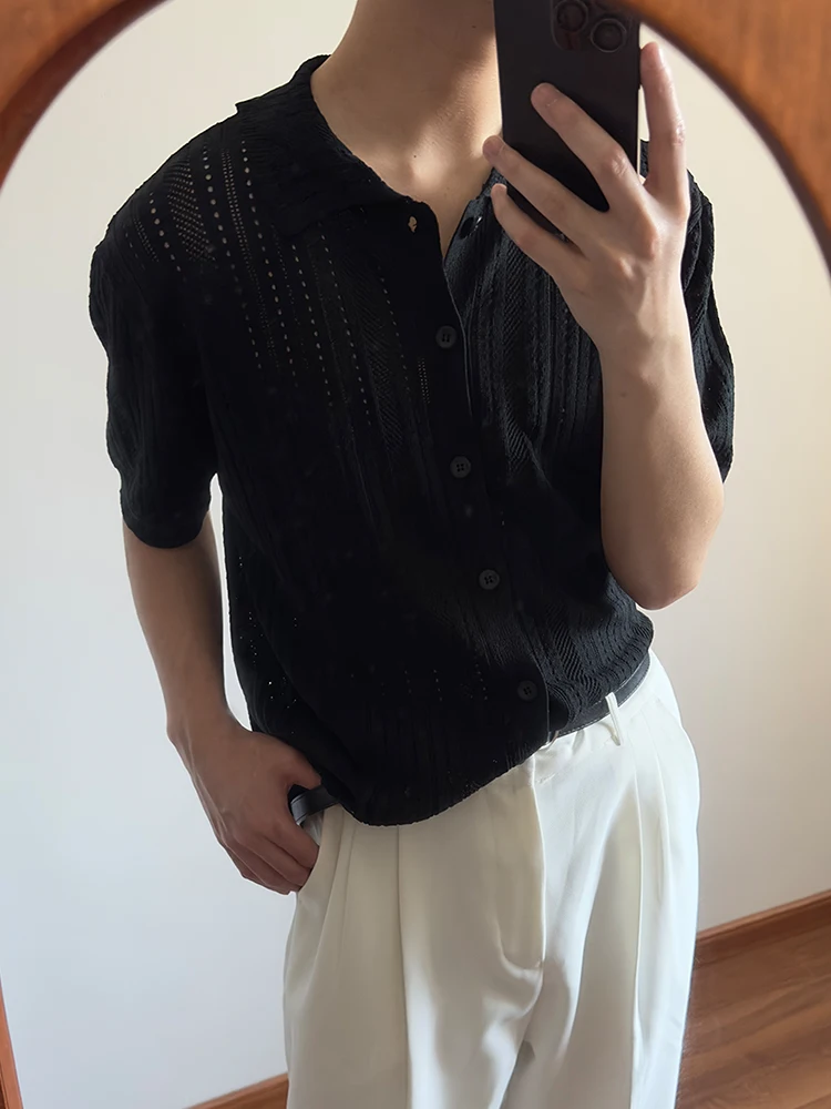 Мужская повседневная трикотажная рубашка, винтажная ажурная рубашка на пуговицах с отложным воротником, кардиган с короткими рукавами, лето 2024
Мужская повседневная трикотажная рубашка, винтажная ажурная рубашка на пуговицах с отложным воротником, кардиган с короткими рукавами, лето 2024