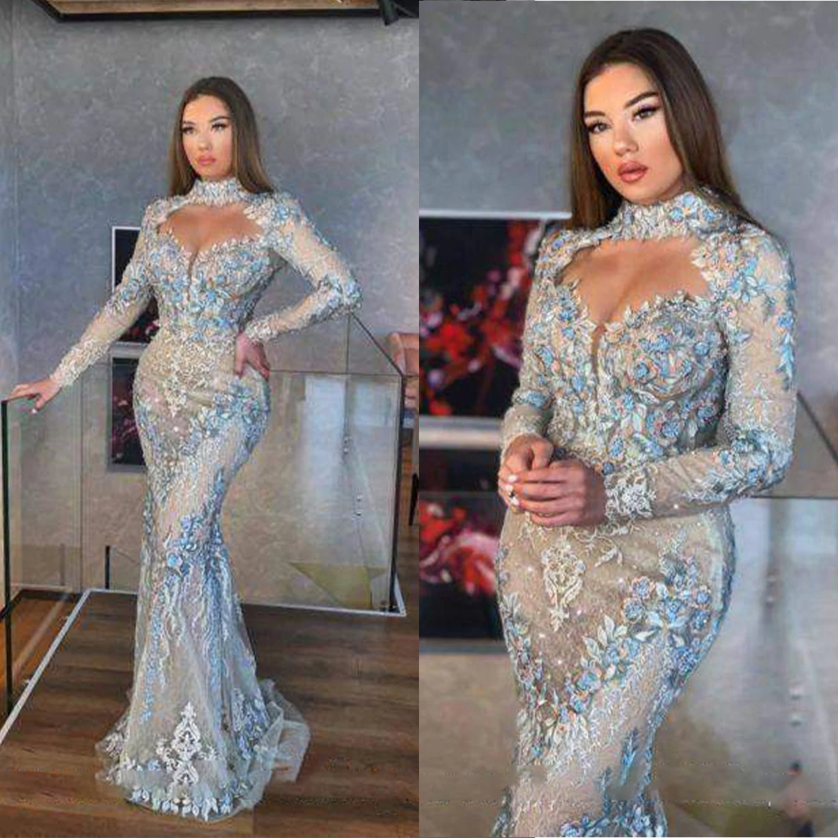 

Elegant Mermaid Evening Dresses High Neck Sweetheart Lace Applique Beaded Gowns Sweep Train Robes De Soirée Formal Occasion