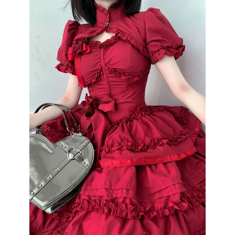 

Red Sweet Lolita Princess Dress Kawaii Palace Style Lace Bow Fairy Cosplay Gothic Party Mini Dresses Lolita Jsk Outfit