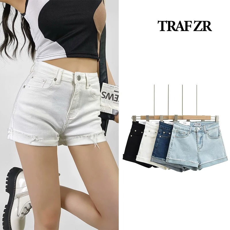 

TRAF ZR Basic Hot Pants Denim Shorts for Women Classic Five Pockets High Rise Summer Shorts Elastic Jean Shorts High Street